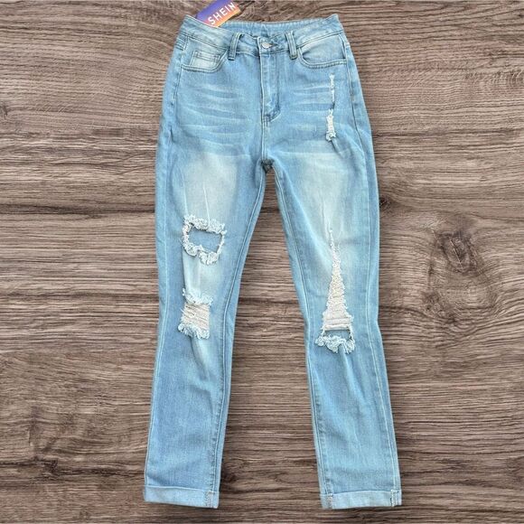 SHEIN High Rise Blue Distressed Jeans Sewn Cuffs - Picture 1 of 6
